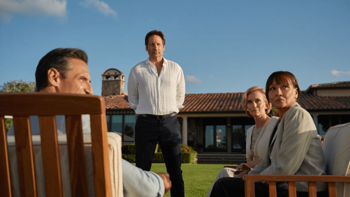 (L-R): Nat Tanner played by Carice Van Houten. Adam played by Jack Whitehall, Jamie Tanner played by David Duchovny, Damien played by Raza Jaffrey and Jules played by Christine Adams