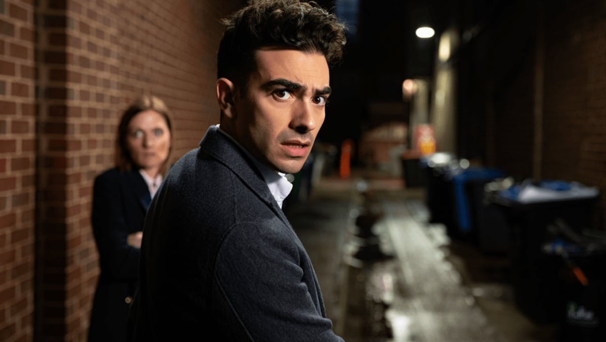 (L to R) Abby Quinn as Natalie, Dan Levy as Nicky, and Taylor Ortega as Morgan in Episode 108 of Big Mistakes.