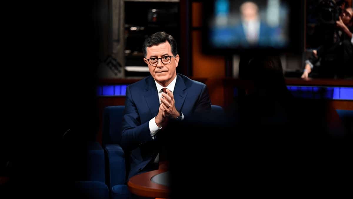 The Late Show with Stephen Colbert and guest Jon Stewart during Tuesday’s May 19, 2026 show.
