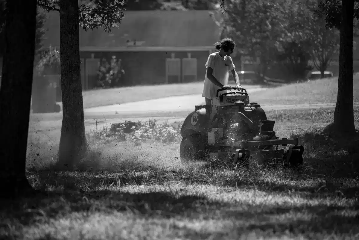 Silhouette of someone using a lawnmower at dawn in a residential yard