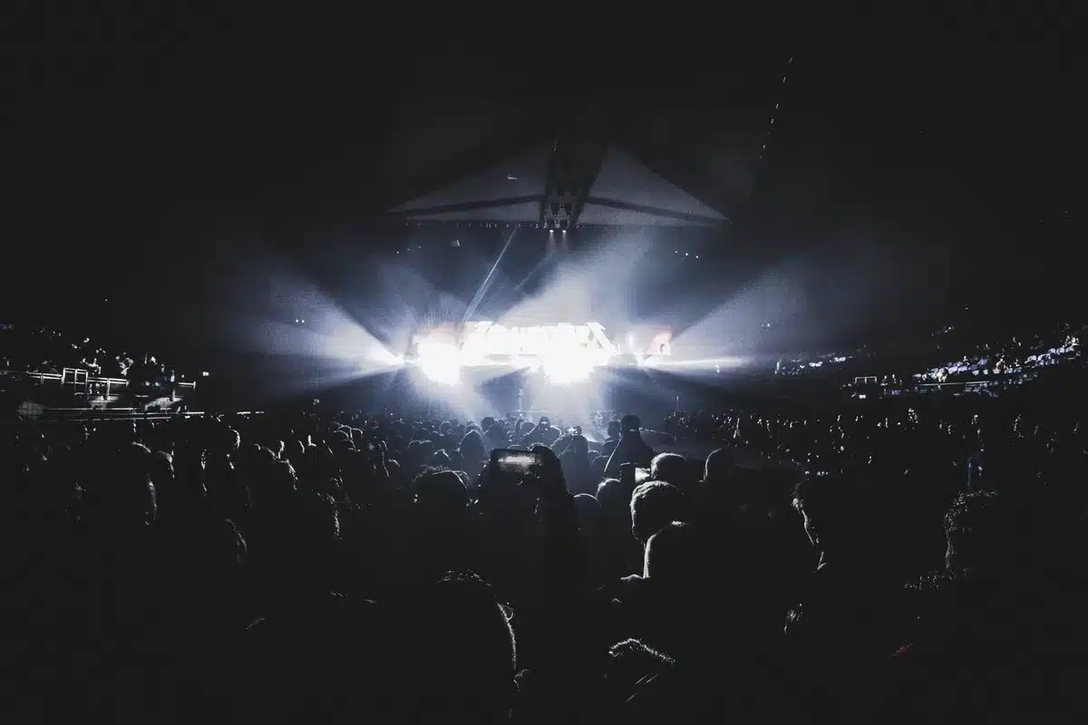 Packed arena crowd watching live concert performance with stage lighting