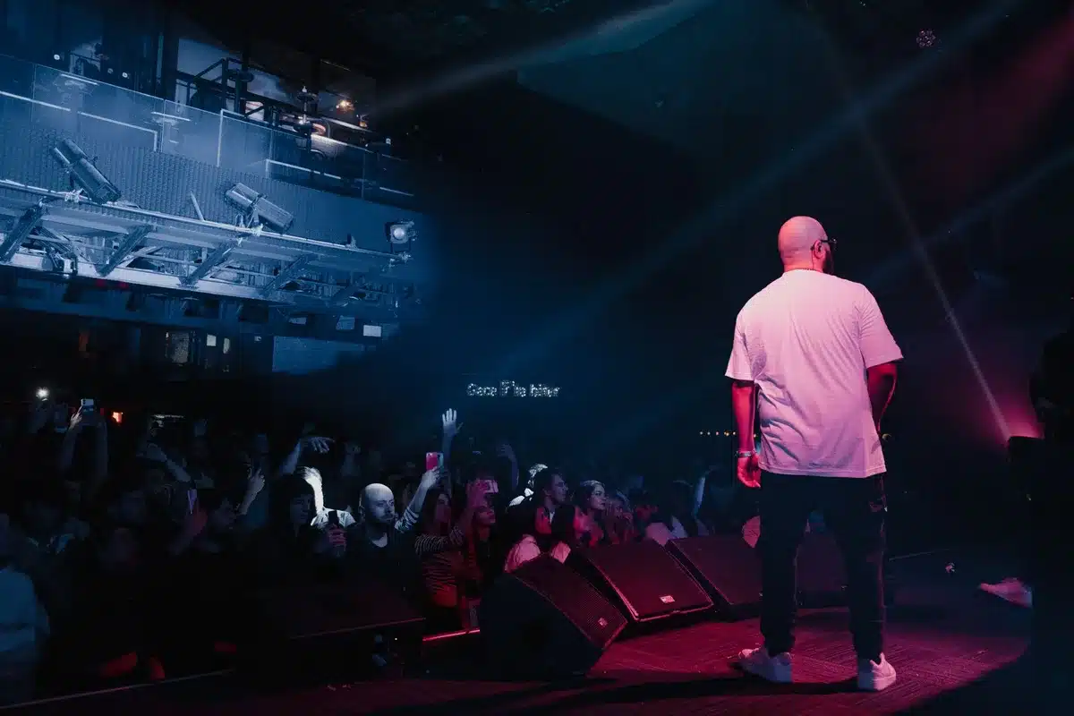 A performer on stage during a concert with crowd and stage lights