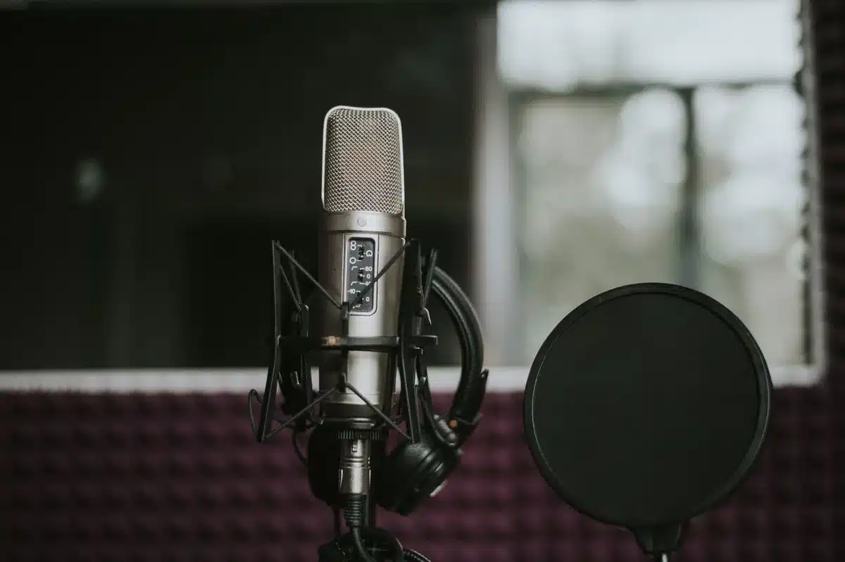 Microphone in a recording studio with soft lighting