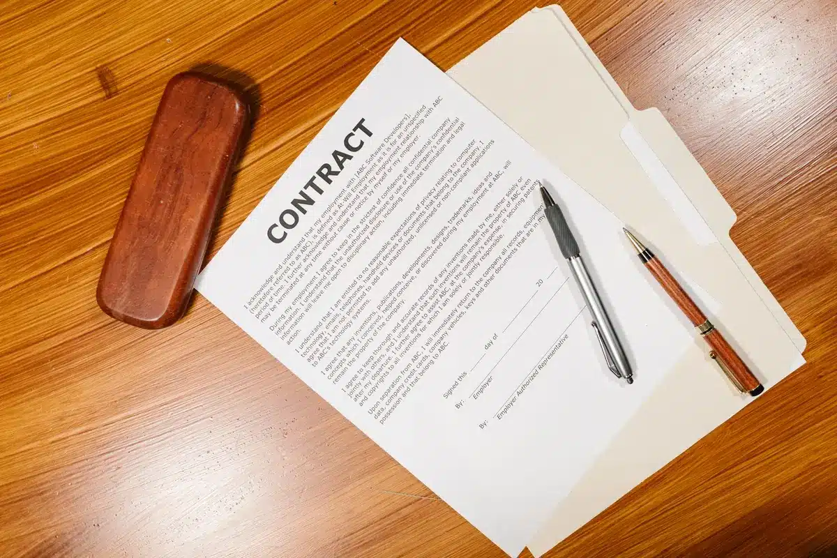 Hands reviewing documents and contracts on a desk with legal paperwork and pen