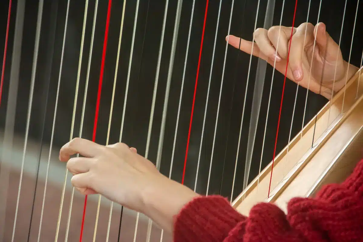 Harp positioned in a music studio with soft lighting, representing classical folk instrumentation