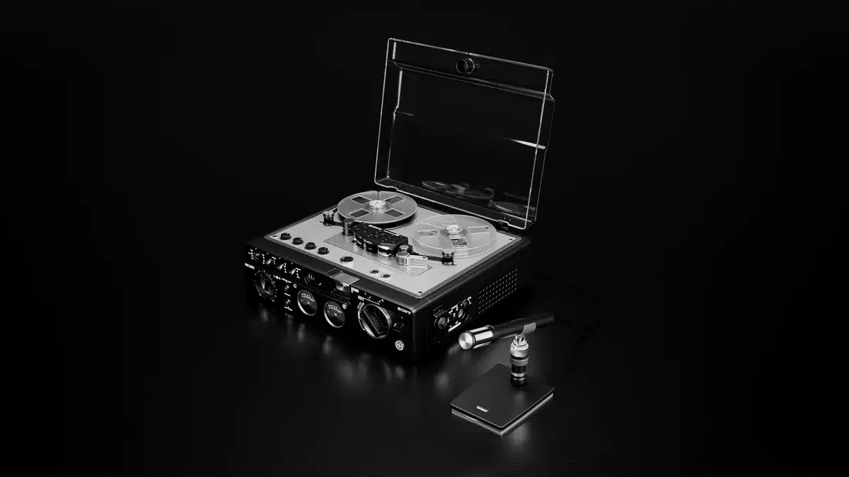Analog recording studio setup with vintage microphone and mixing console