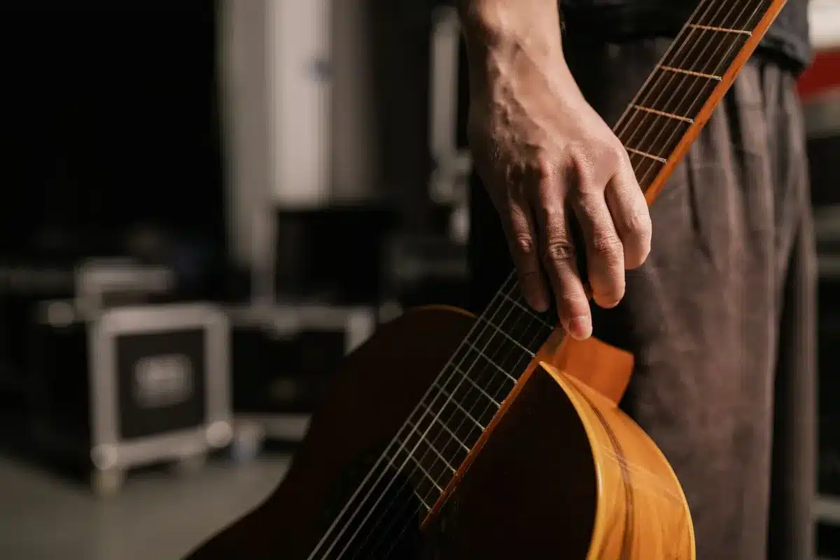 Musician performing on stage with acoustic guitar in front of audience