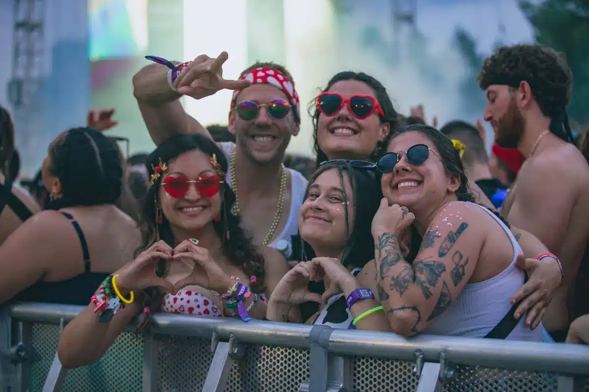 Amigos disfrutando juntos en un concierto al aire libre o festival de verano.
