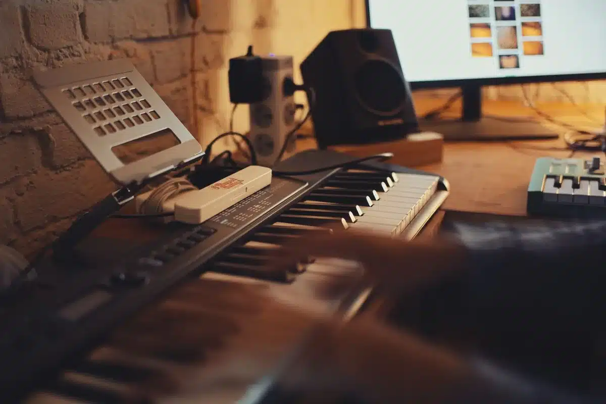 Intimate home recording setup with layered textures and ambient equipment