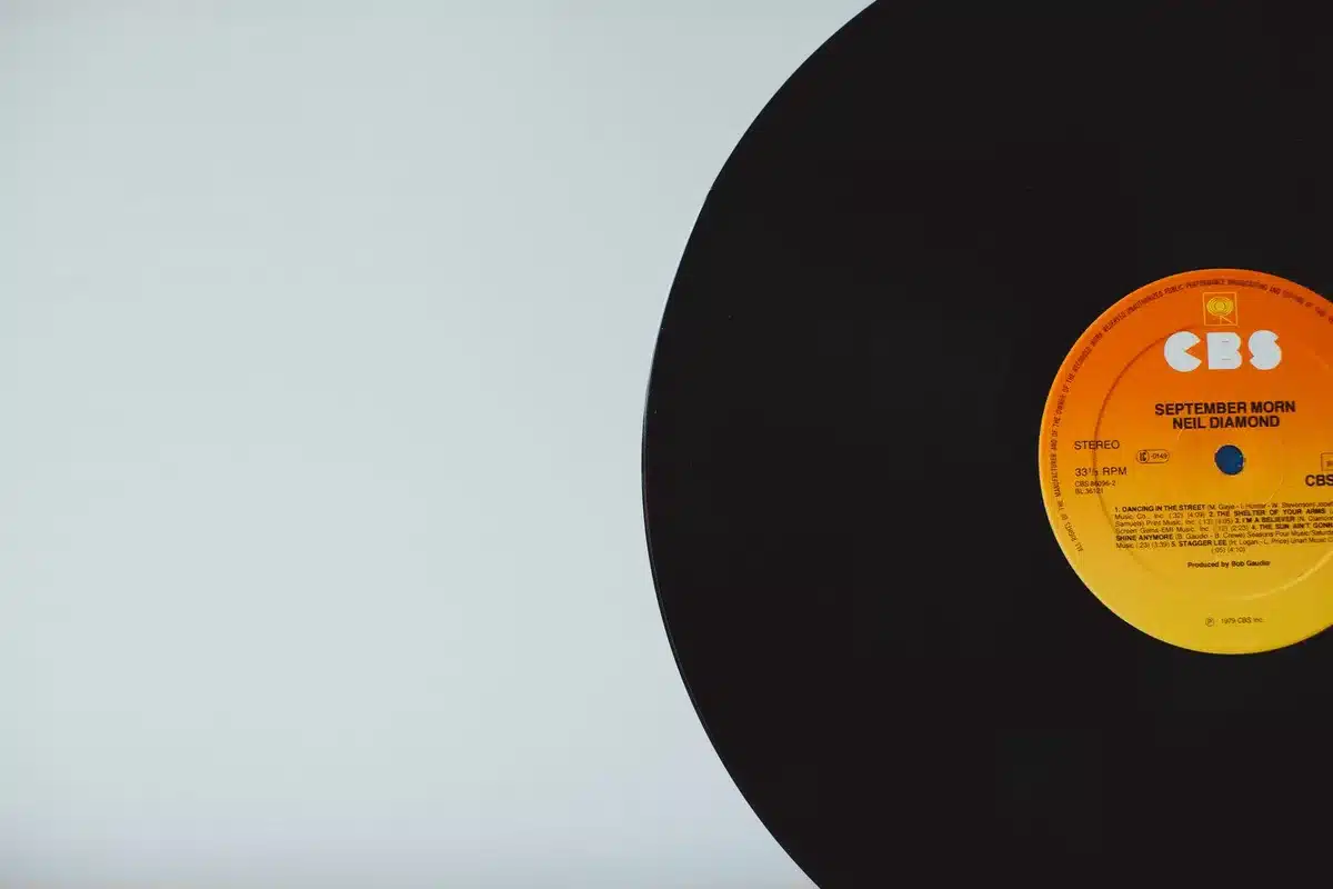 Vinyl record spinning on turntable with warm lighting and blurred guitars