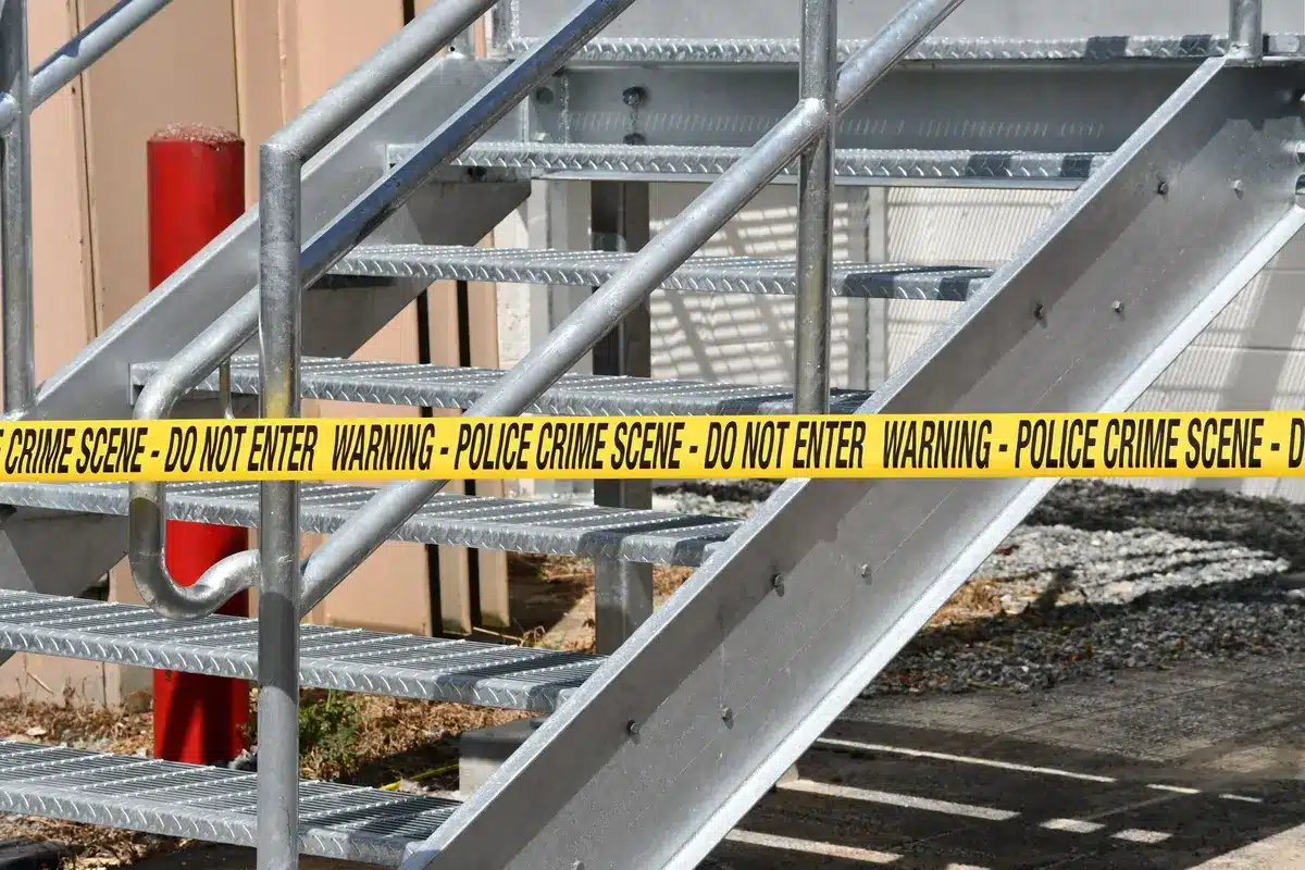 Police officers securing a crime scene with yellow tape and evidence markers