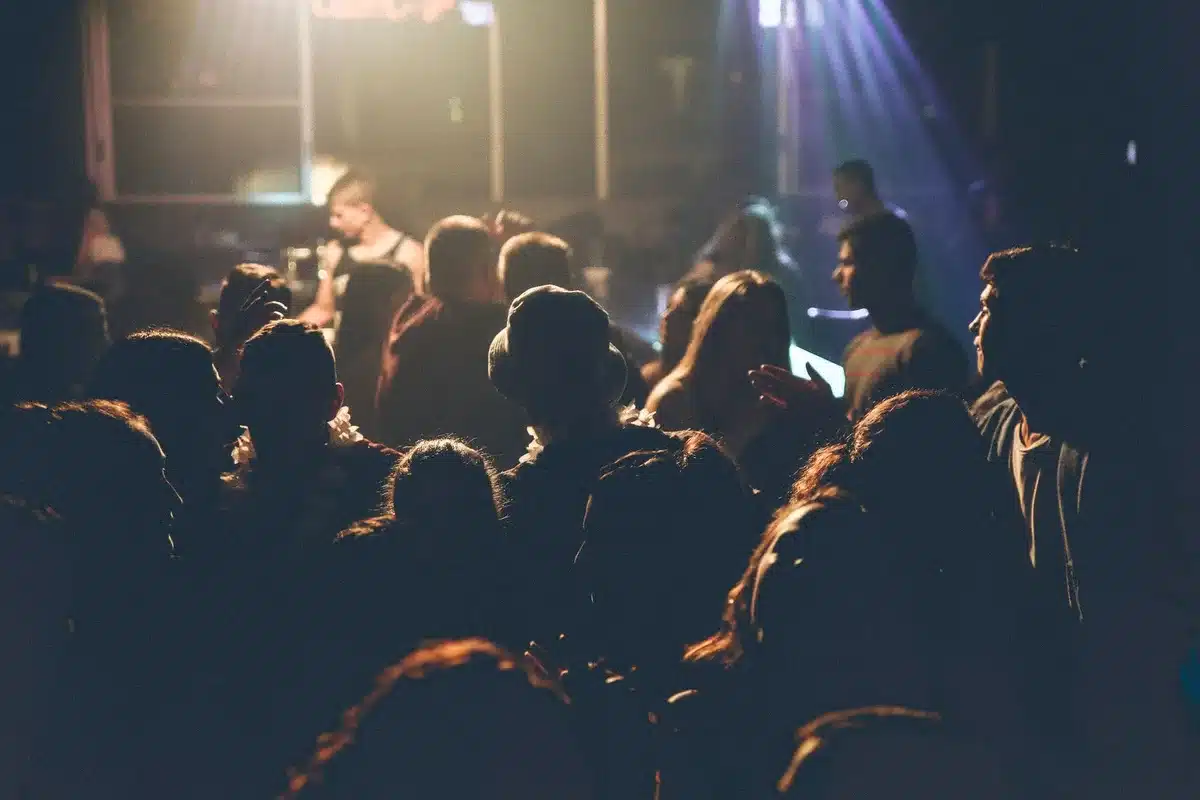 Energetic crowd at a 1990s grunge concert, hands raised and moving to the music.