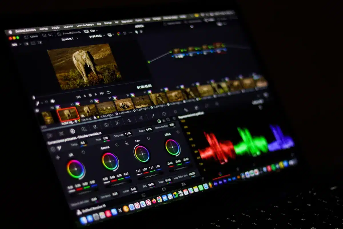 Documentary editor working at a computer workstation reviewing and cutting footage