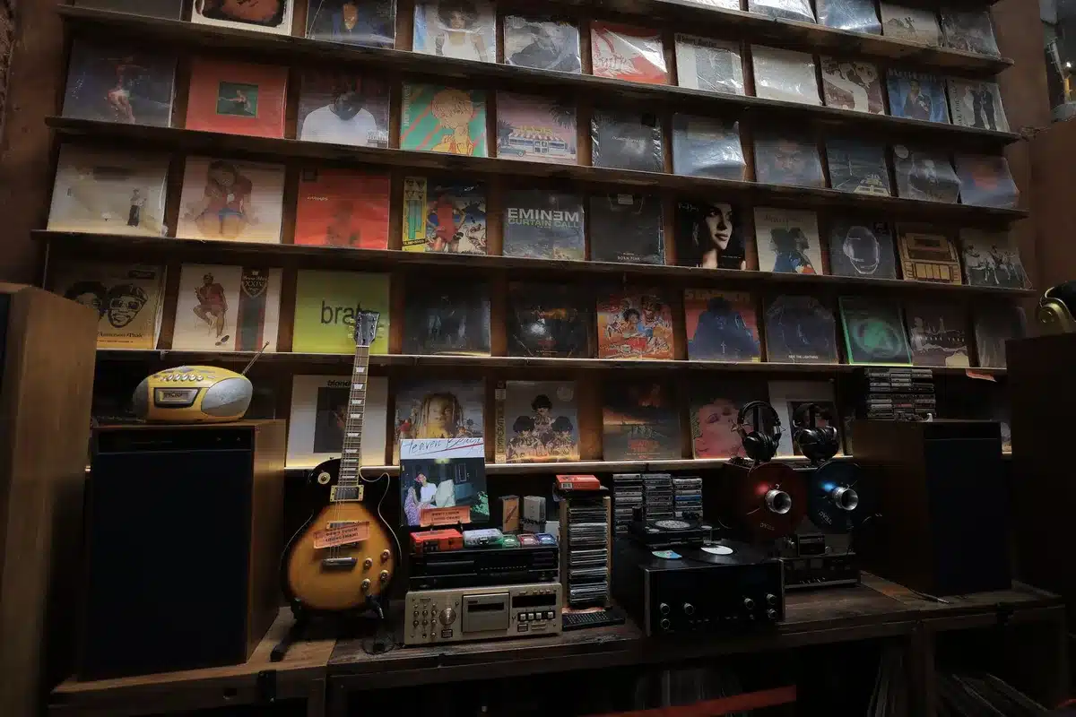 Vintage surf-themed album artwork and vinyl records