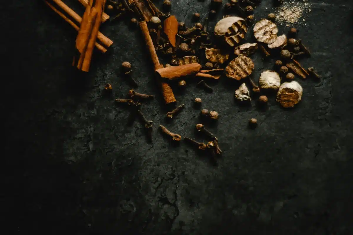 Close-up of autumn spices including cinnamon, nutmeg, ginger, and cloves arranged on a surface.