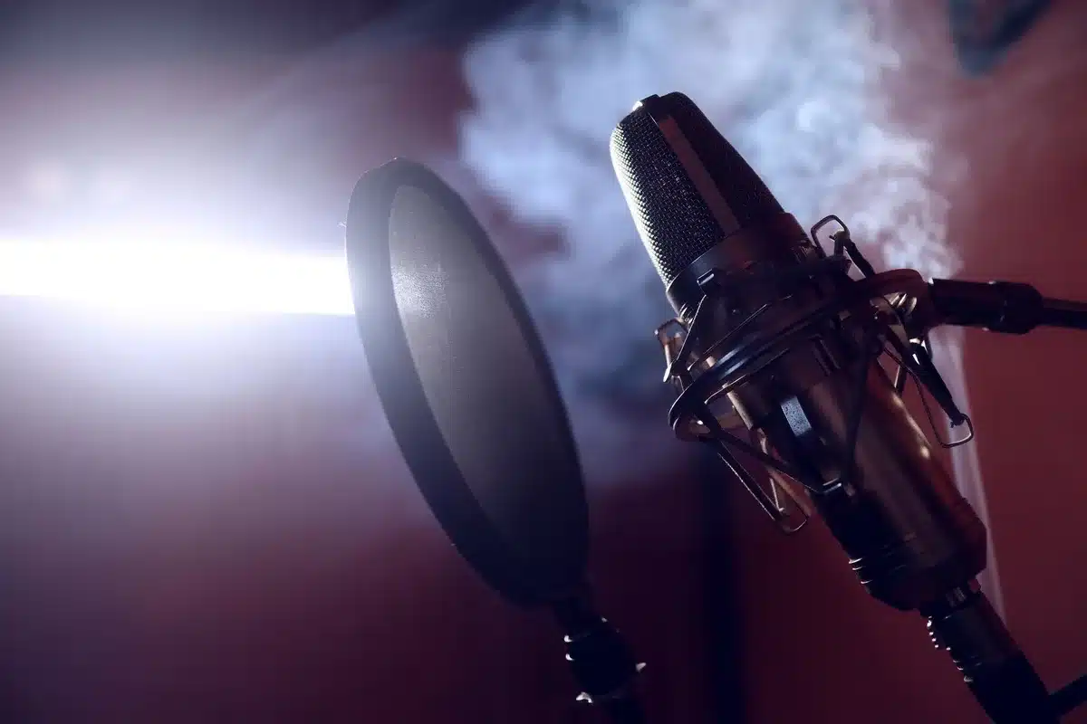 Close-up of a microphone in a professional recording studio during a vocal session