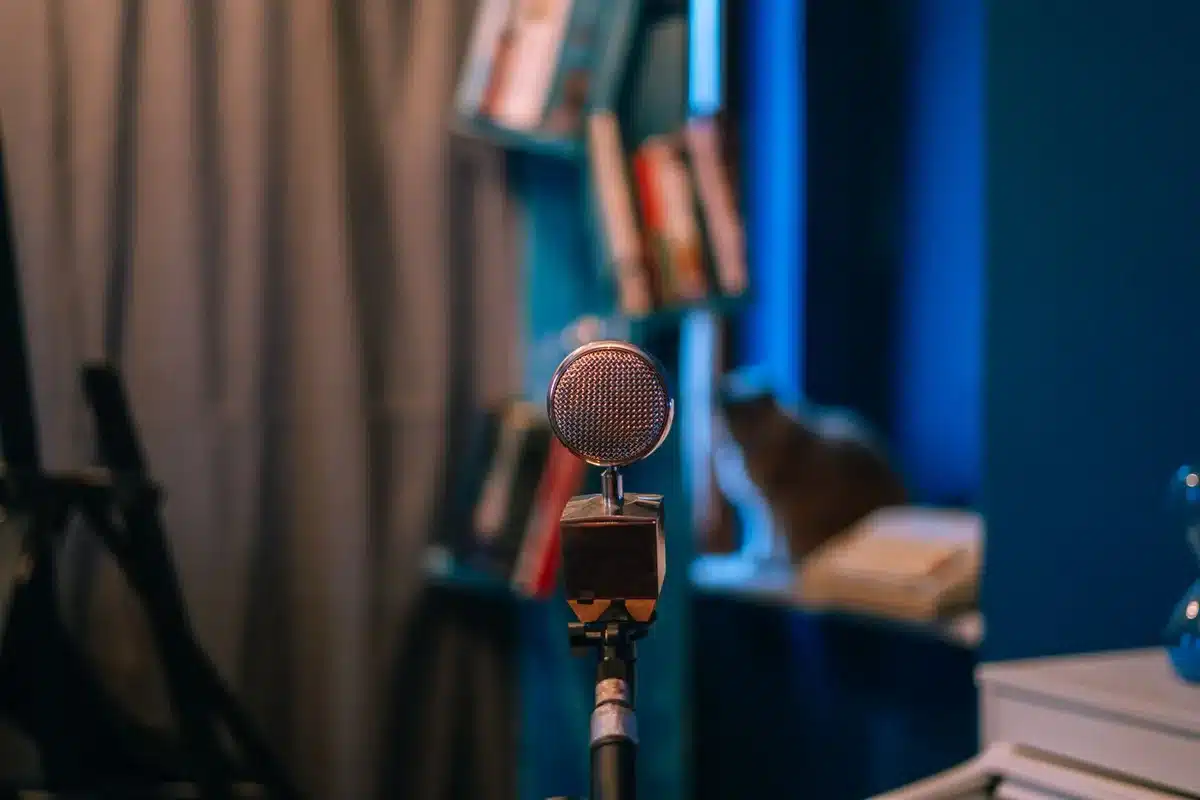 Studio d'enregistrement avec équipement vintage et microphone professionnel dans une ambiance chaleureuse