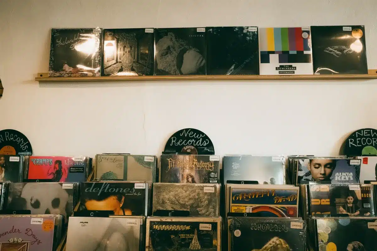 Vinyl records and album artwork displayed together
