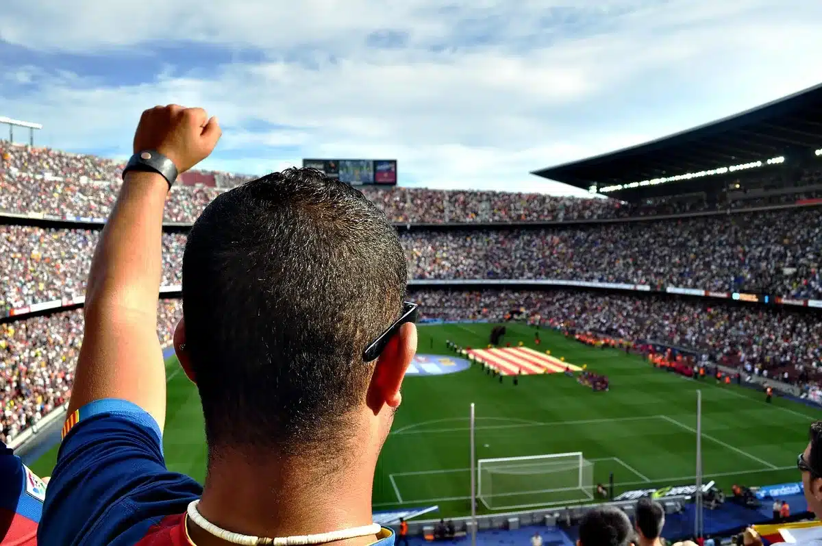 Crowd at stadium cheering during a rock song