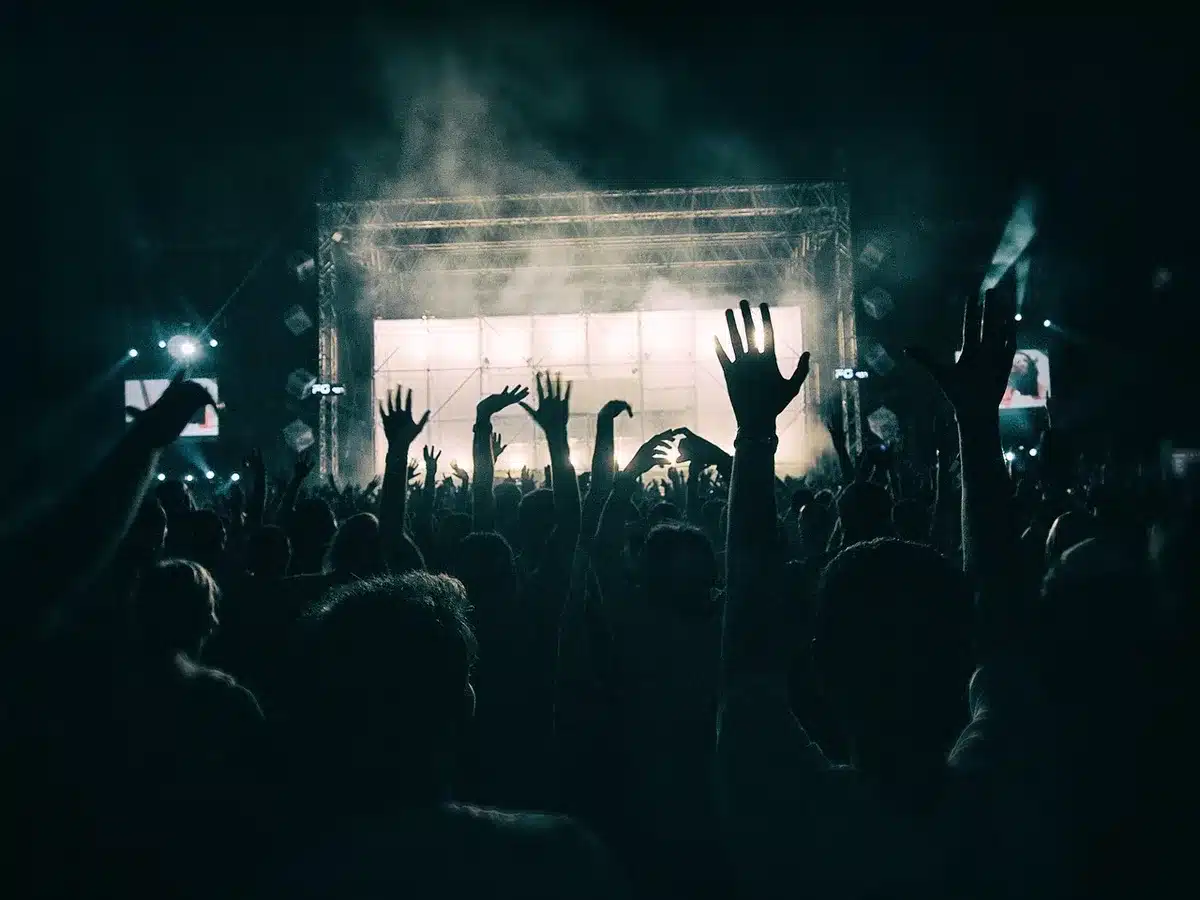 Festival crowd cheering at a reunion concert