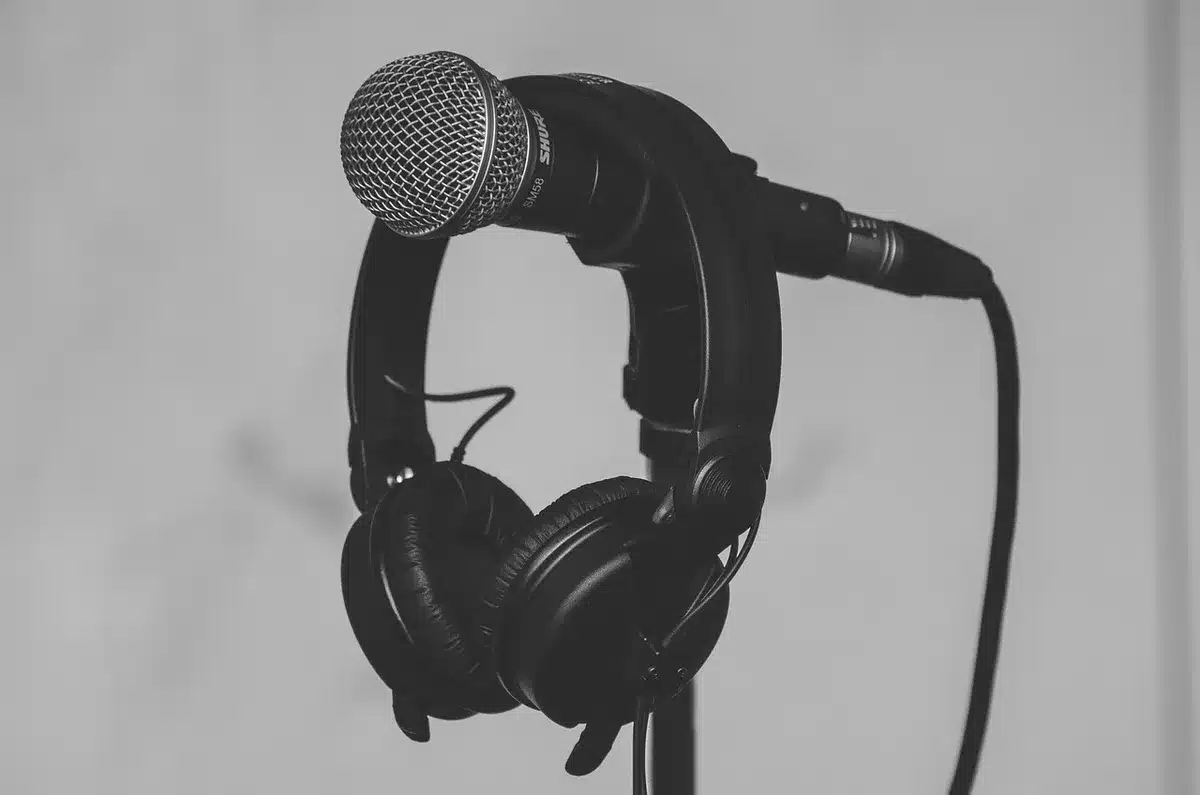 Recording studio headphones and microphone setup for vocal production