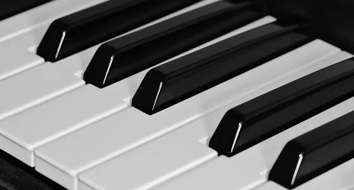 Close-up of piano keys illuminated during a performance