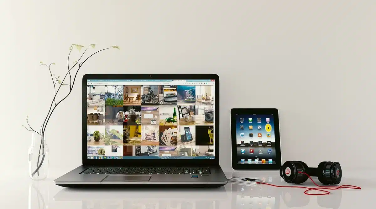 Ergonomic home desk with dual monitors and headset for remote work