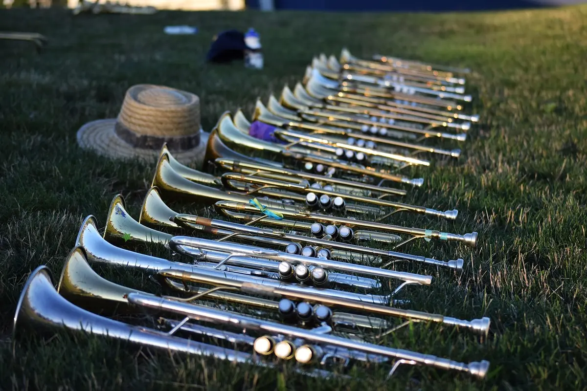 Brass players and percussionists performing lively Latin fusion
