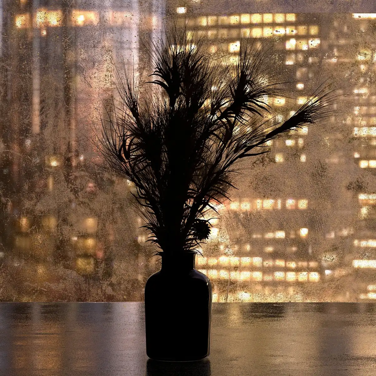 View through a rain-speckled window with blurred city lights, evoking reflective listening