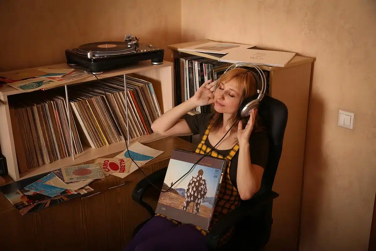 Collection of vinyl records and album artwork displayed together