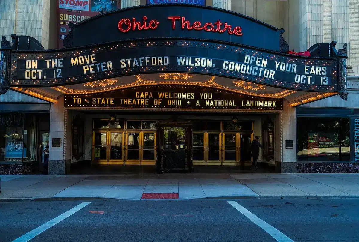 Exterior of a historic Los Angeles theater with marquee and arriving audience