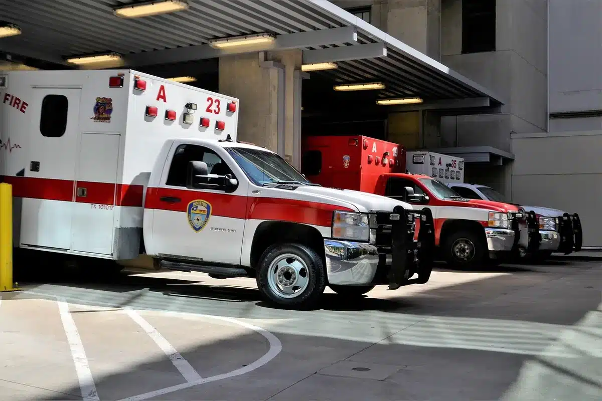 Medical emergency tent and ambulance providing emergency response at a remote desert event