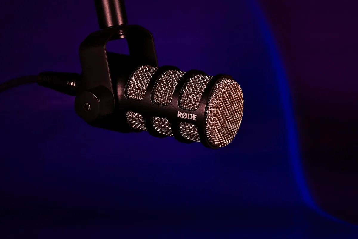 Host and guest microphones in a podcast studio