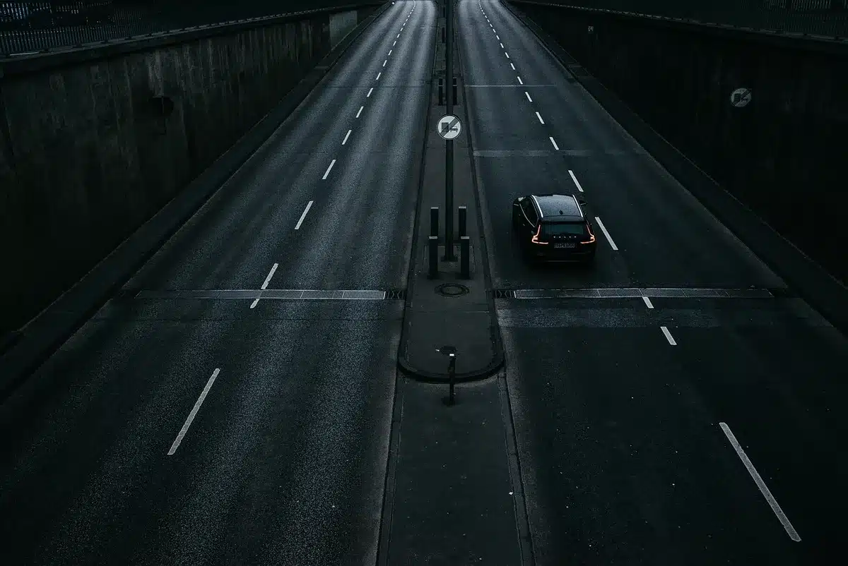 Samochód na pustej autostradzie w nocy, otoczony ciemnością