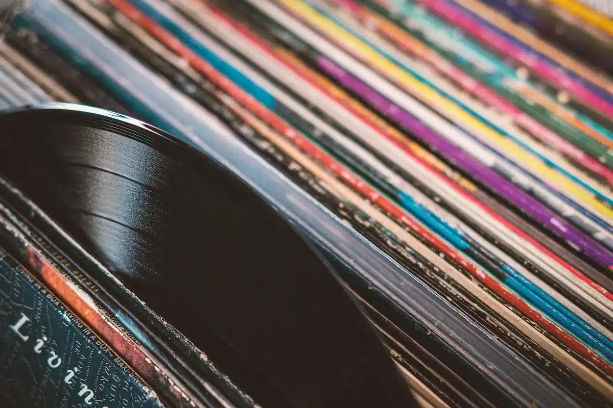 Close-up of a spinning vintage vinyl record emphasizing grooves