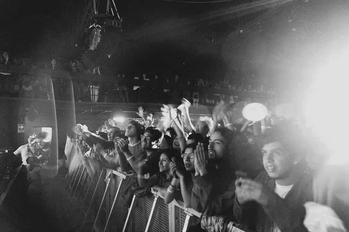 Crowd at a concert with hands raised during an anthem