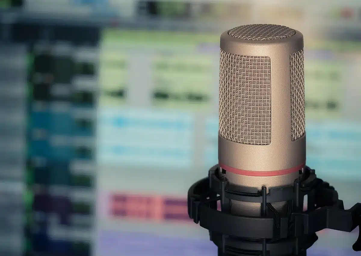 Microphone and shadowed interview setup suggesting anonymous testimony