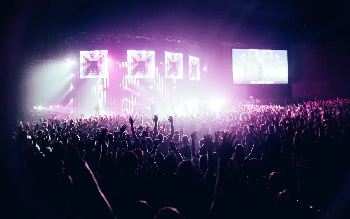Silhouettes of a crowd and a backlit synth keyboard on a stadium stage