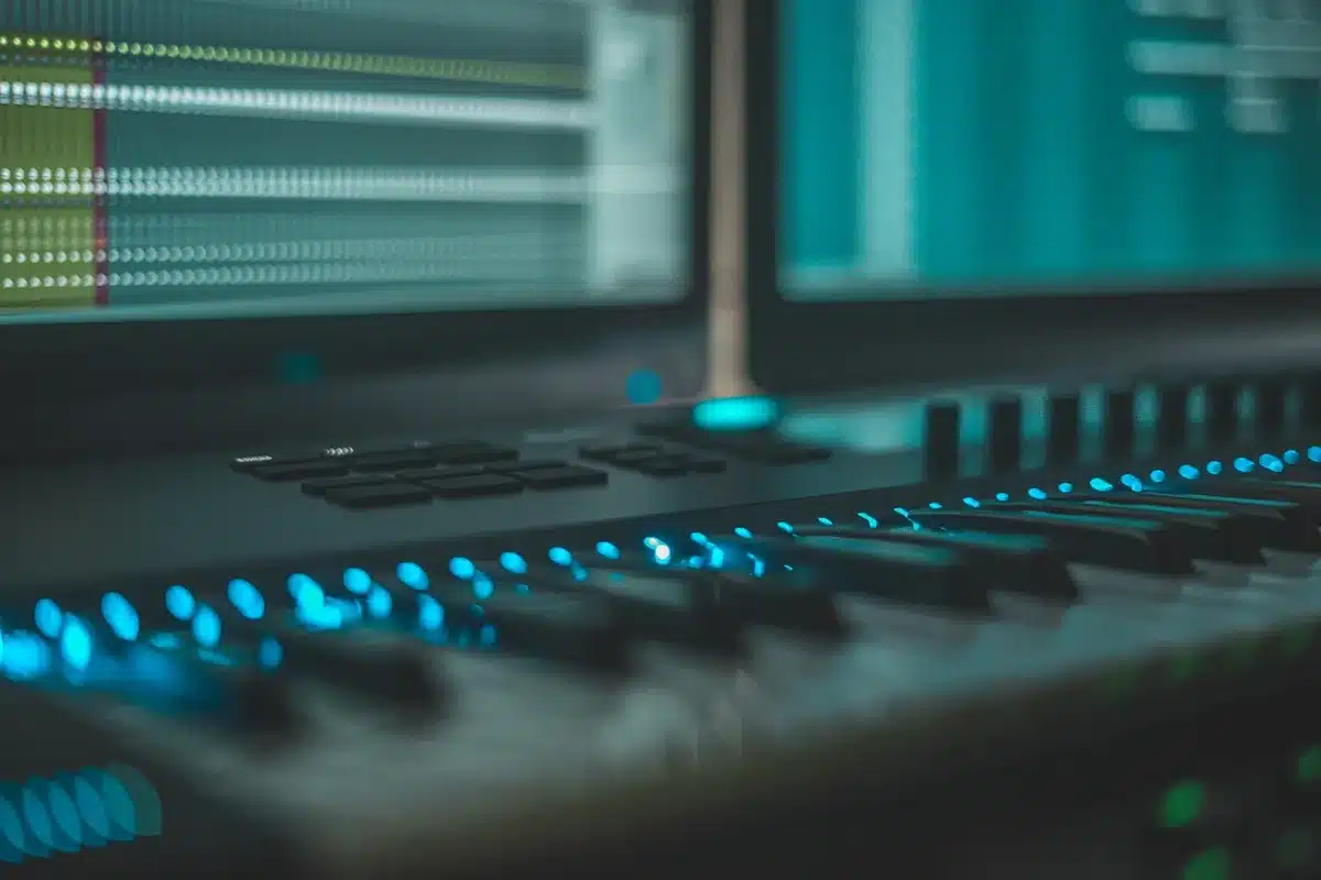 Producer hands editing a synth loop on a laptop in a studio