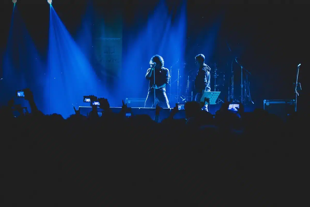Crowd at a pop-punk concert singing along under stage lights