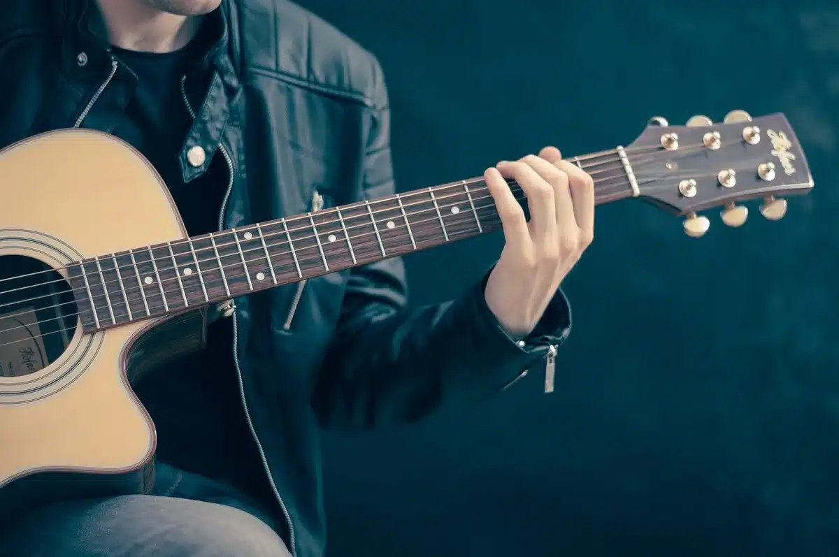 Acoustic guitar being played in a bright, airy recording space