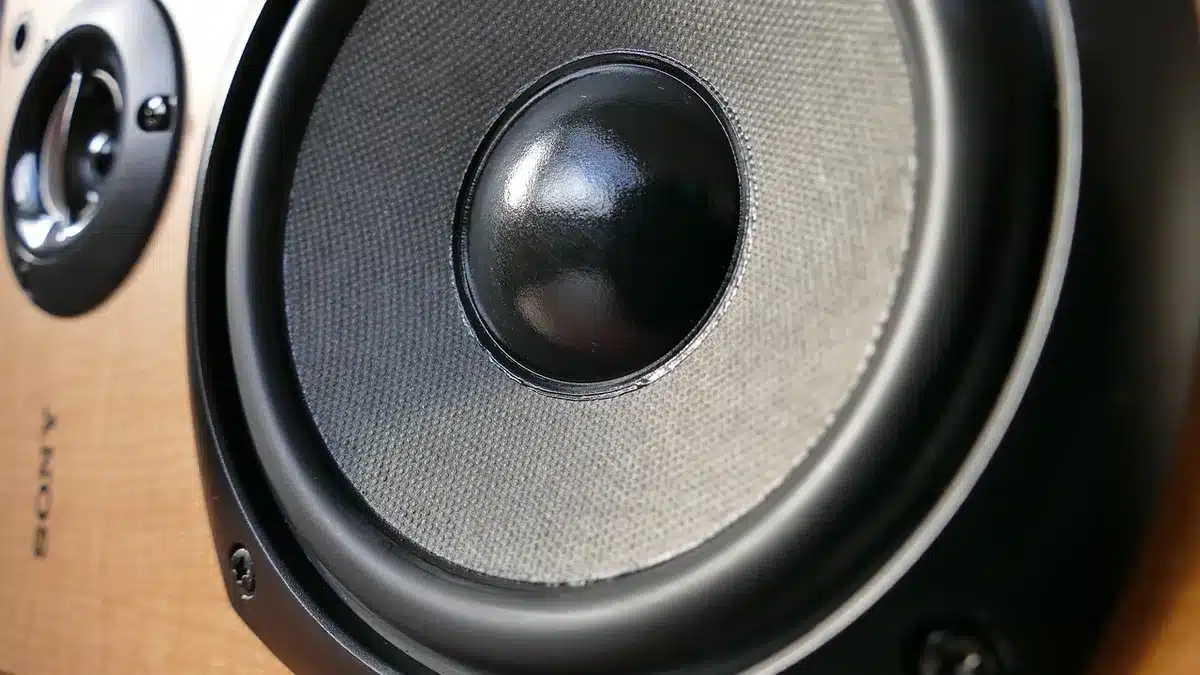Modern cinema speakers and sound system in a dark auditorium