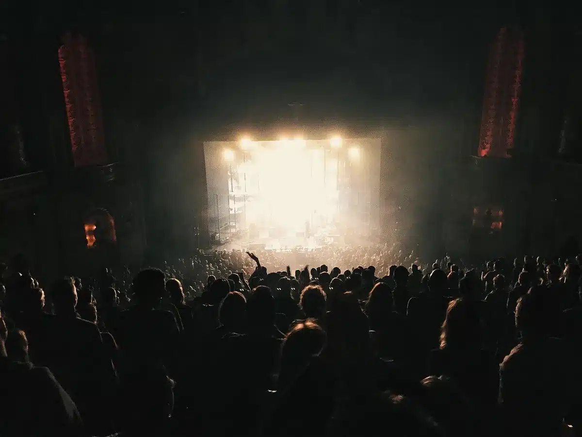 Audience members seated in a Broadway theater, watching a performance intently.