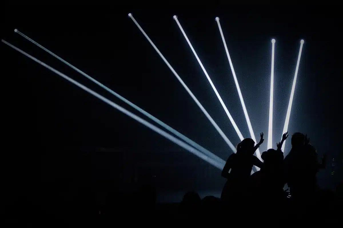 Kinetic stage performance with blurred movement and bright lights