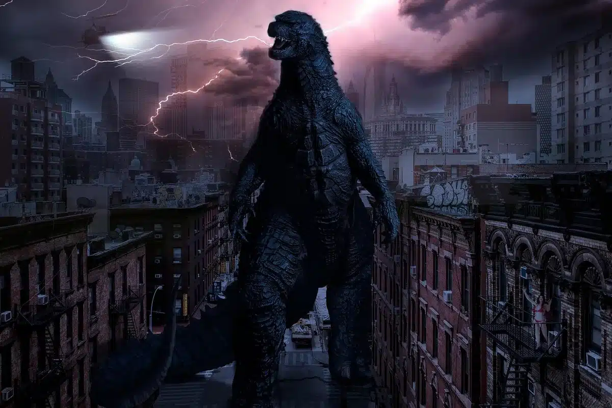 A large prehistoric creature in a cinematic setting, evoking monster movie tension