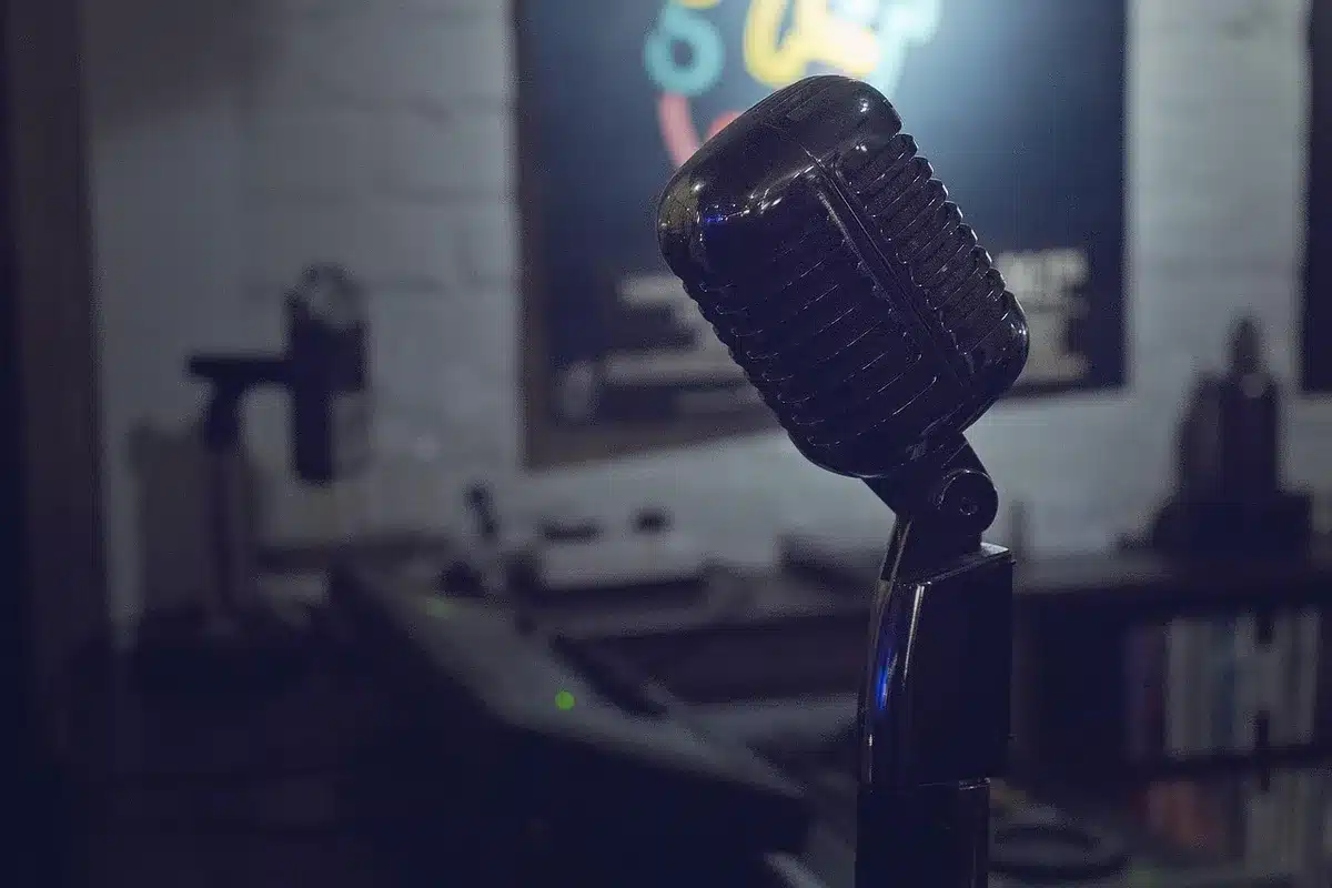 Close-up of a vintage microphone in a small recording studio