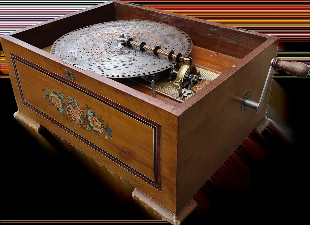Close-up of a sampler and vinyl records in a home studio