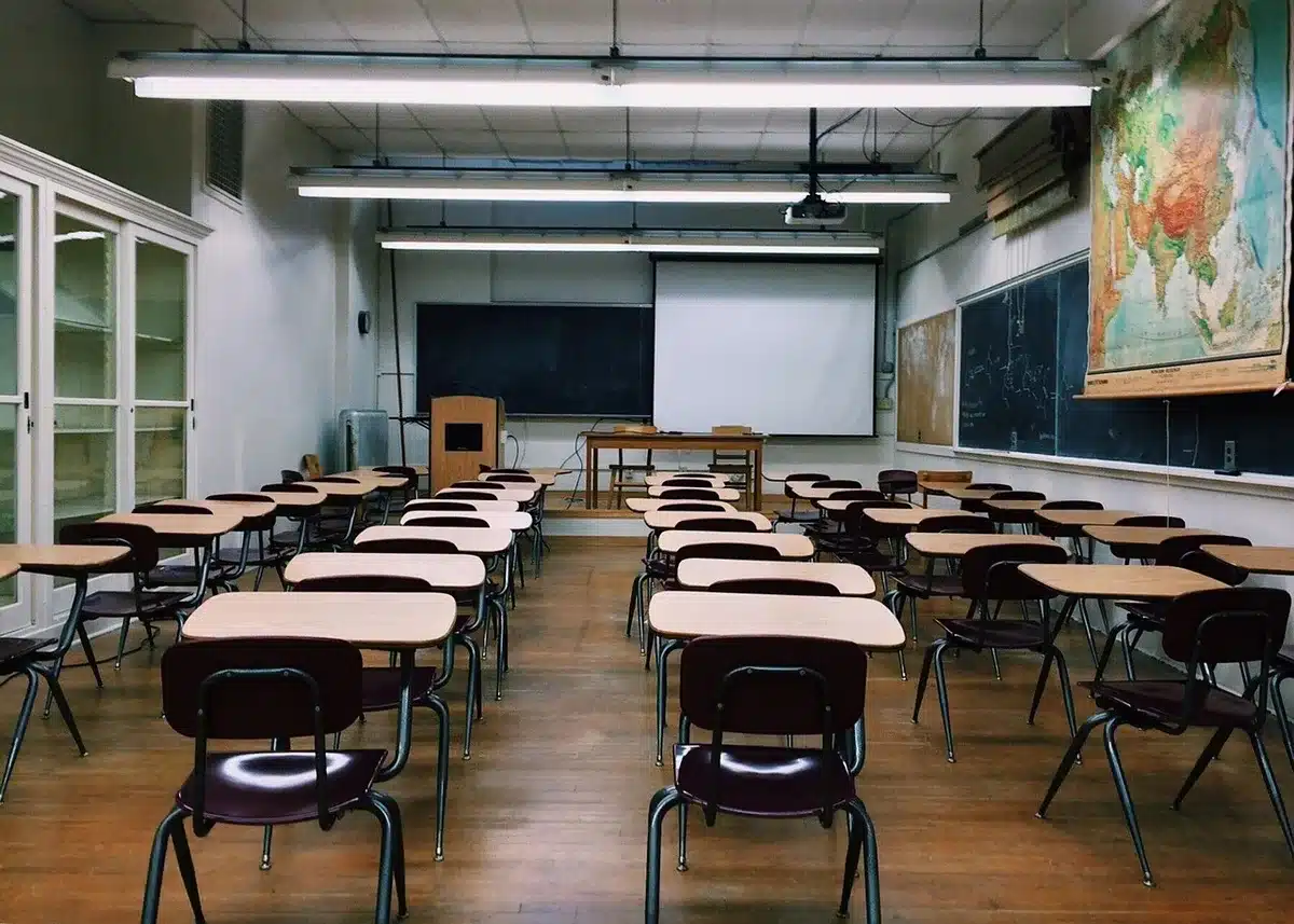 Students' instruments and music stands in a conservatory classroom