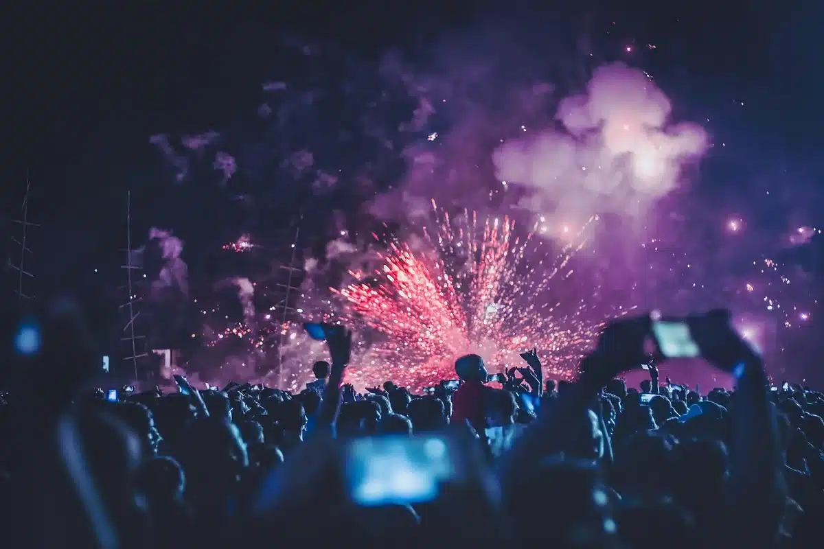Silhouetted crowd dancing under colorful festival lights