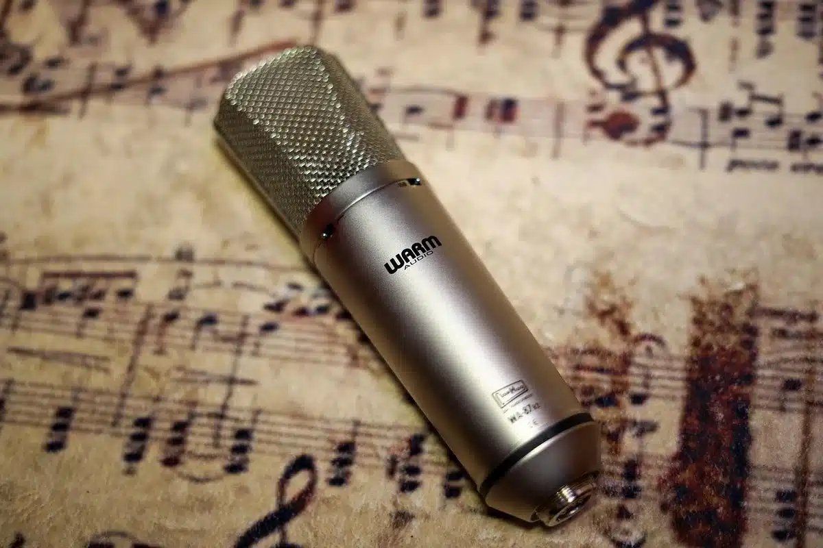 Silhouette of a singer by a microphone in a recording studio with vinyl on a desk